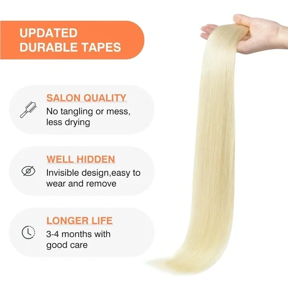 20pcs 50g 16 Inch Platinum Blonde Remy Human Hair,Straight Seamless Tape Ins - Picture 3 of 5